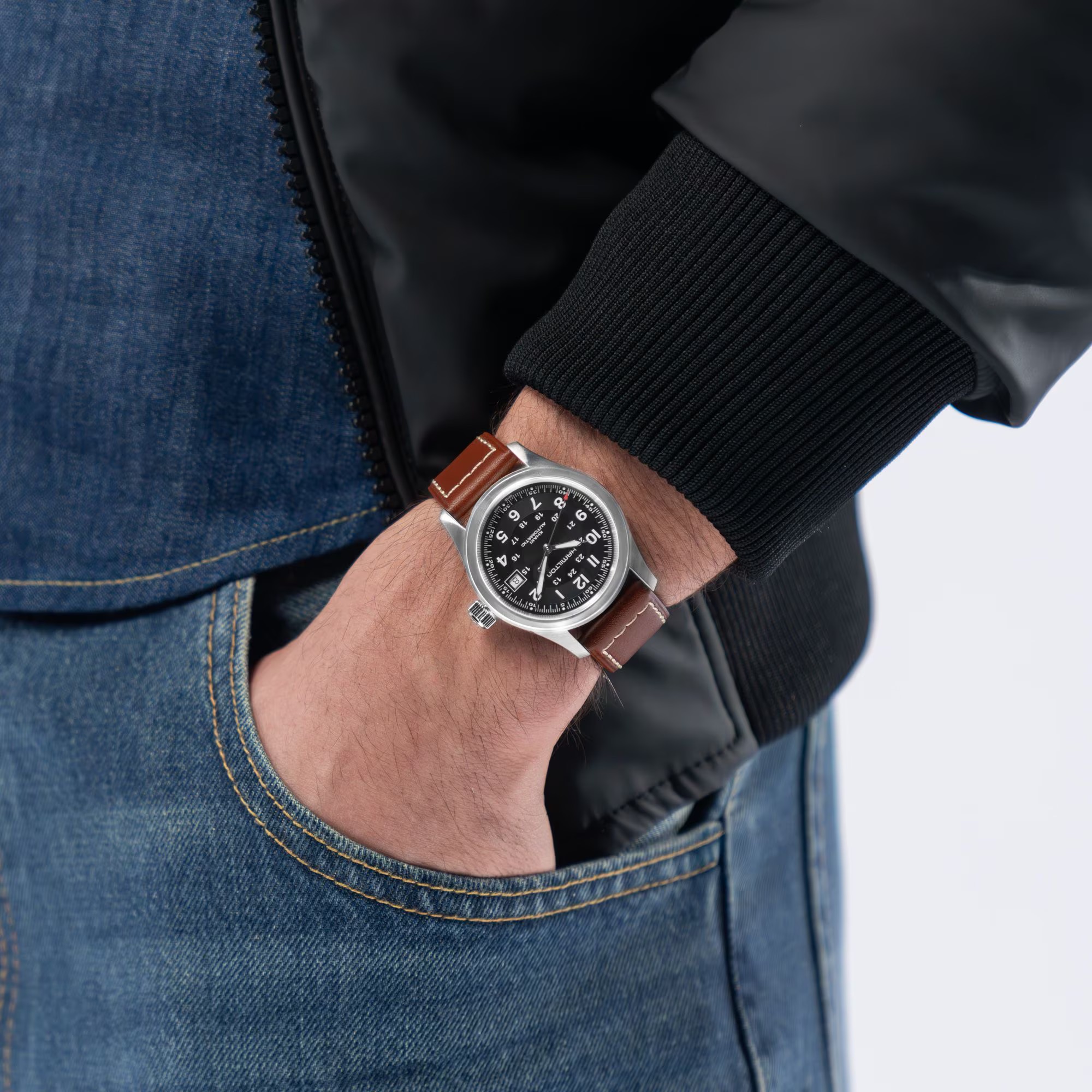 Hamilton KHAKI FIELD AUTO 38MM BLK/BRN LEATH H70455533 - Image 3