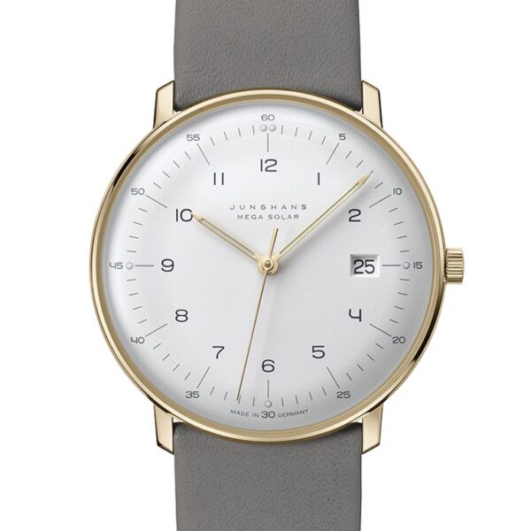 Junghans Max Bill Mega Solar 38mm Wht Dial Gold Case Grey Strap 59/7324.02